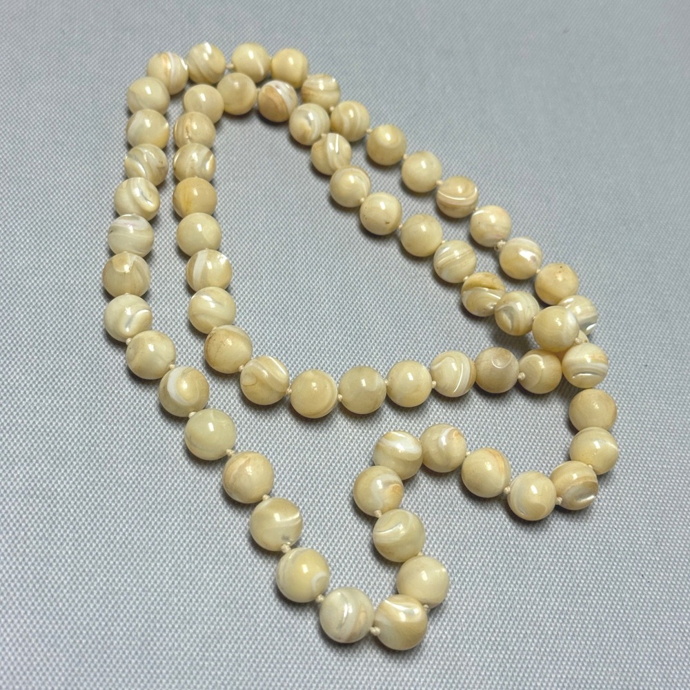 Vintage Hand Knotted Mother of Pearl Round Bead Necklace Iridescent Cream Shell